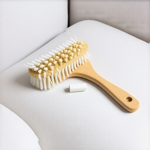 Professional Horsehair Upholstery Brush Close-up of a natural horsehair brush and white chalk on a beige fabric couch.