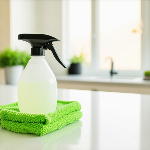 Close up of professional grade microfiber cloth and spray bottle on a clean counter.