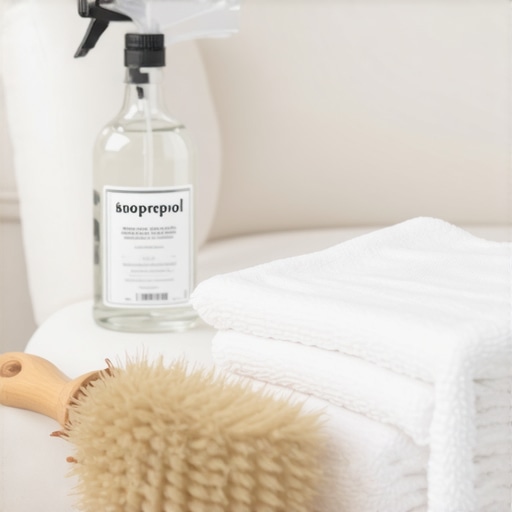 A collection of tools including alcohol, microfiber cloths, and a soft brush for cleaning a white sofa.