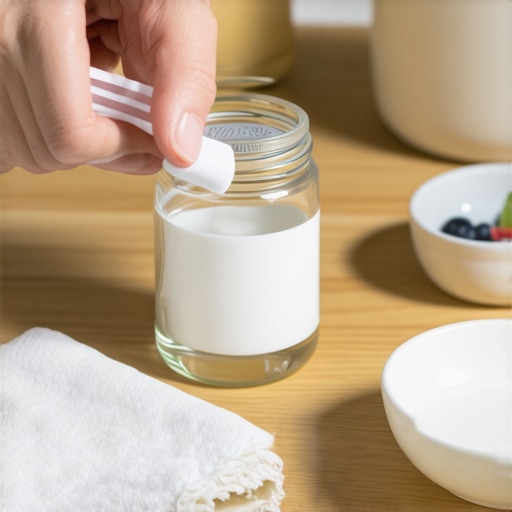 Professional Label Removal Tools and Techniques A hand using a plastic scraper on a glass jar alongside a microfiber cloth.