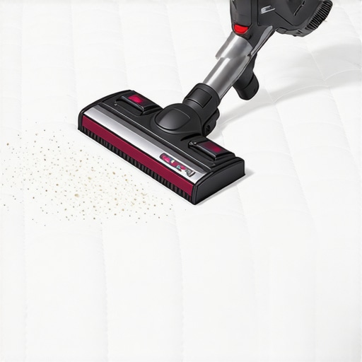 Professional Mattress Vacuuming and HEPA Extraction Close-up of a handheld HEPA vacuum cleaning a mattress surface to remove allergens.