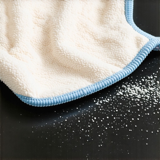 Professional Microfiber Cleaning Efficiency Macro view of blue microfiber cloth trapping dust particles on a black surface.