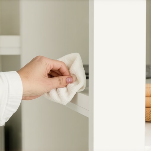 Professional Microfiber Cleaning Technique A person using a microfiber cloth to remove sticky residue from a white pantry shelf.