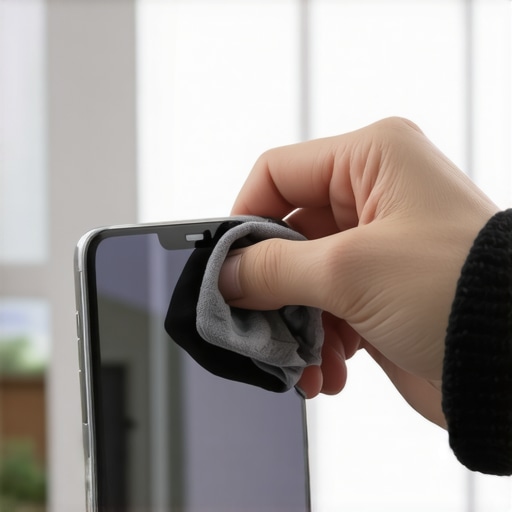 Professional Microfiber Tech Cleaning High-density microfiber cloth wiping a smartphone screen to remove fingerprints and germs.