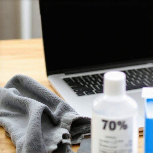 Professional Screen Sanitizing Technique Close up of a person cleaning a laptop screen with microfiber and isopropyl alcohol.