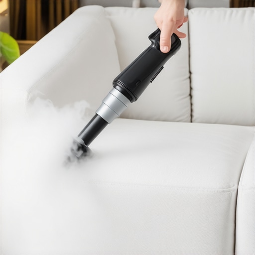 Professional Steam Cleaning for Upholstery Maintenance Close up of a steam cleaner nozzle removing dust and grime from a fabric couch