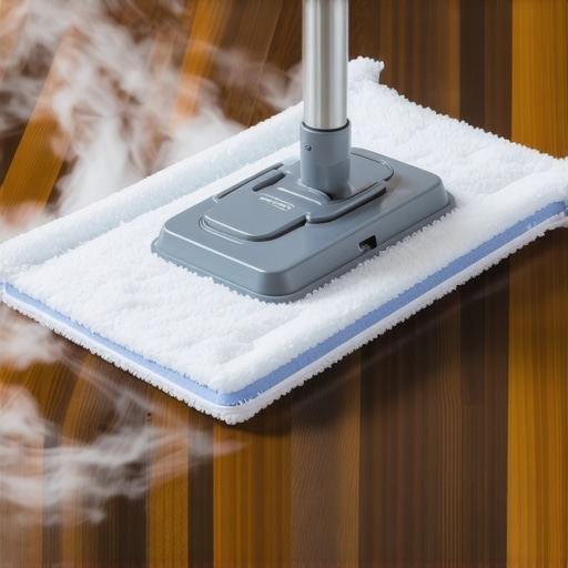 Professional Steam Mop Technique Close-up of a steam mop on dark wood flooring