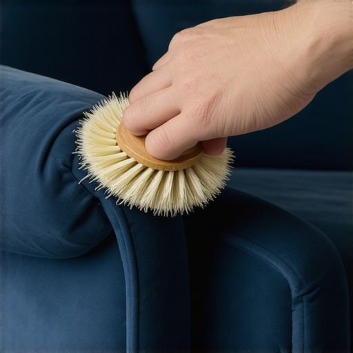 Professional Suede Grooming Technique A hand brushing a navy suede armchair with a horsehair brush to restore the fabric nap.