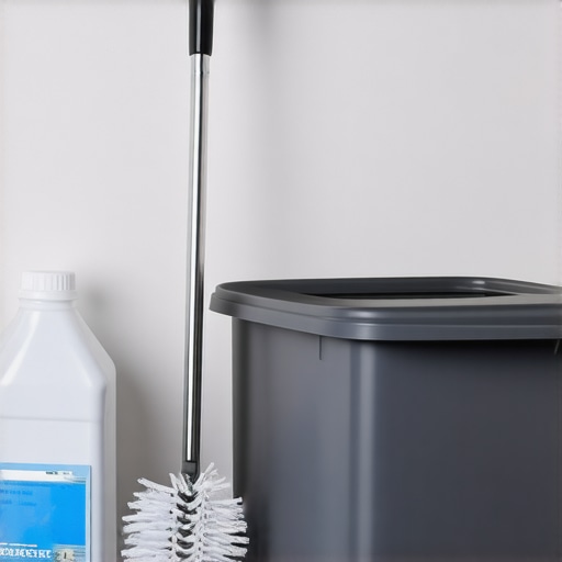 Professional Tools for Kitchen Bin Maintenance High-quality nylon brush and oxygen bleach used for deep cleaning a kitchen trash can.