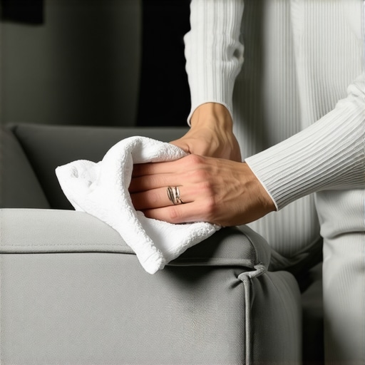 Cleaning a sofa with a microfiber cloth and minimal moisture to avoid wicking