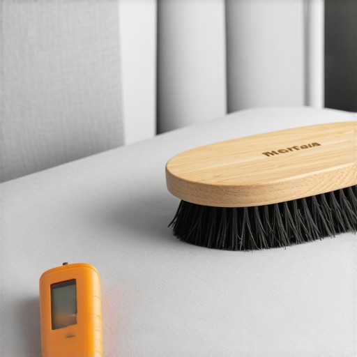 Professional Upholstery Cleaning Tools Close up of a horsehair brush and moisture meter used for maintaining a fabric headboard.