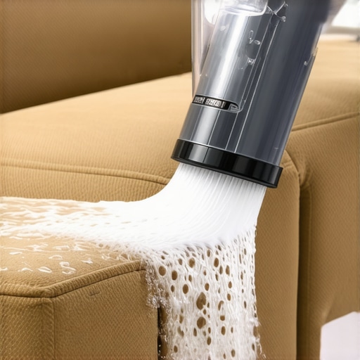 A clear extraction tool lifting dirt and moisture from a beige upholstered sofa.