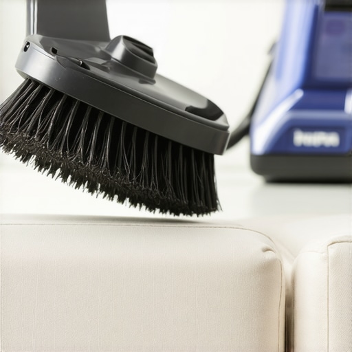 Professional Upholstery Grooming Tools Close up of a horsehair brush being used to clean a fabric sofa