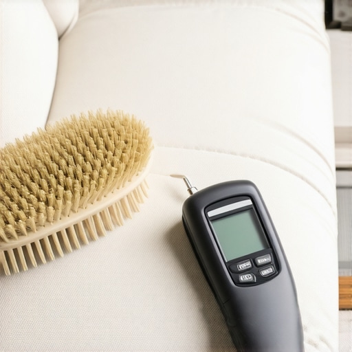 Professional Upholstery Maintenance Gear Close up of horsehair brush and moisture meter on a sofa.