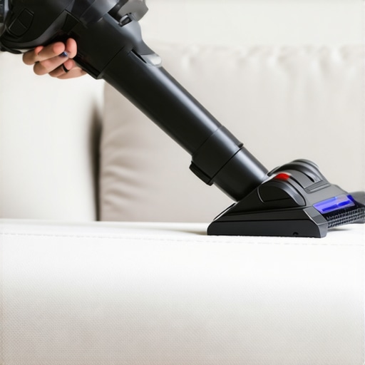 Professional Upholstery Maintenance with HEPA Vacuum Close up of a vacuum attachment cleaning a grey fabric sofa