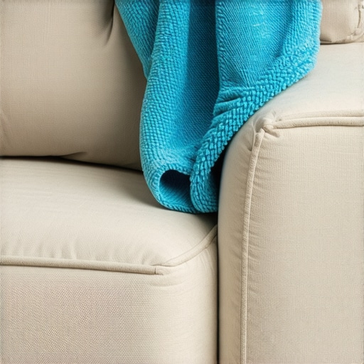 Professional Upholstery Maintenance with Microfiber A blue microfiber cloth being used to clean a cream sofa
