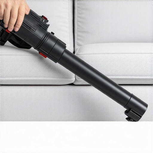Professional Upholstery Vacuuming Technique A vacuum upholstery tool gently cleaning dust off a light gray fabric sofa