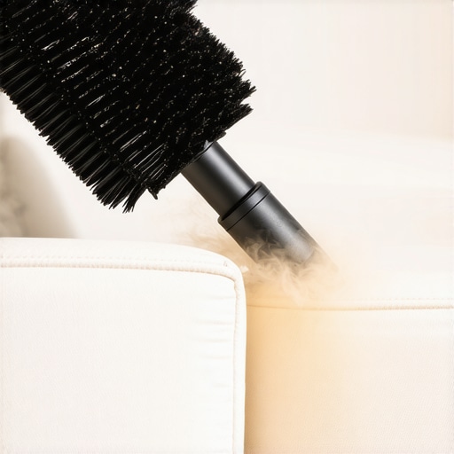 Professional Upholstery Vacuuming with Horsehair Brush Close up of a horsehair brush attachment cleaning a linen sofa to show professional dry soil removal techniques.