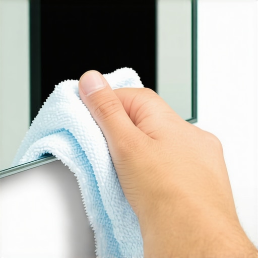 A close-up of a hand using a dry microfiber cloth to polish a mirror until it is invisible.