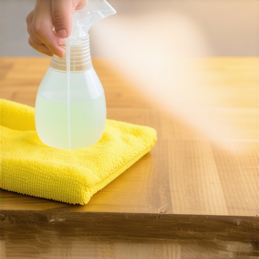 Close up of applying cleaning spray to a cloth to prevent furniture damage