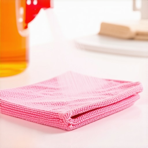 Professional cleaning technique using indirect spray Close up of spraying a microfiber cloth for cleaning a kitchen surface