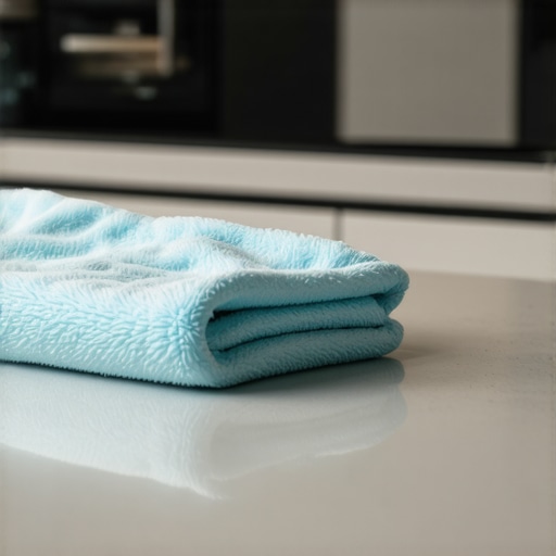 Professional cleaning technique with microfiber Close-up of a person using a microfiber cloth to clean a kitchen surface properly.