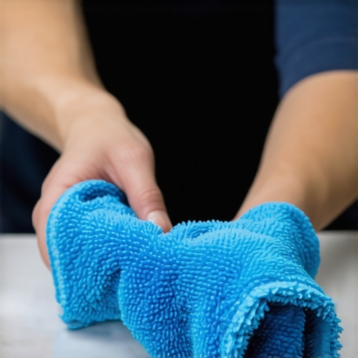 Close-up of a microfiber cloth wiping a clean countertop to demonstrate dwell time and proper technique.