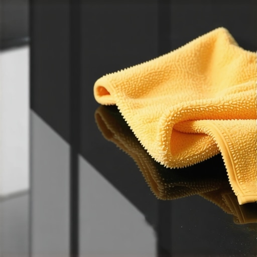 Close-up of a microfiber cloth cleaning a kitchen surface showing the two-step cleaning and sanitizing process.