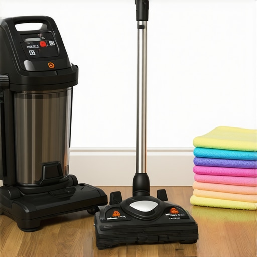 Professional cleaning tools and microfiber cloths A collection of high-end home sanitizing tools including a HEPA vacuum and microfiber cloths.