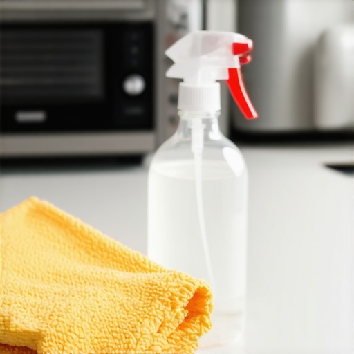 High-quality microfiber cloth and spray bottle on a clean kitchen counter