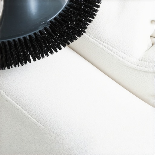 Professional grooming of delicate upholstery fibers Close up of a soft brush restoring the nap on a velvet sofa fabric
