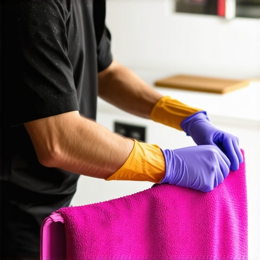 Professional hand cleaning a surface with a microfiber cloth Close up of a gloved hand using a blue microfiber cloth to clean a kitchen counter to show professional sanitizing techniques.