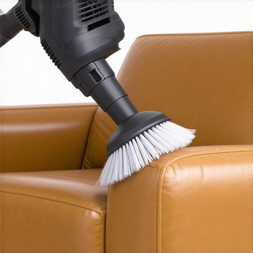 Professional leather vacuuming technique Close-up of soft brush vacuuming dust from leather chair seams