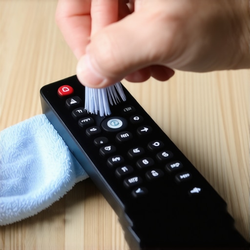 Professional remote cleaning tools Close up of cleaning a TV remote with a brush and microfiber cloth
