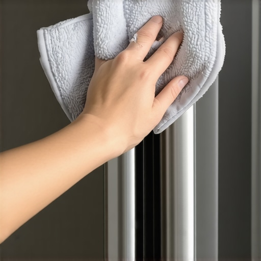 Professional stainless steel wiping technique Close-up of a hand cleaning a stainless steel appliance following the grain