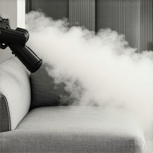 A steam cleaner nozzle being used to sanitize a sofa to remove bacteria and odors.