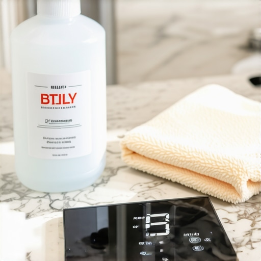 Professional stone cleaning kit and dwell time timer Close up of pH-neutral cleaner and microfiber cloth on granite island