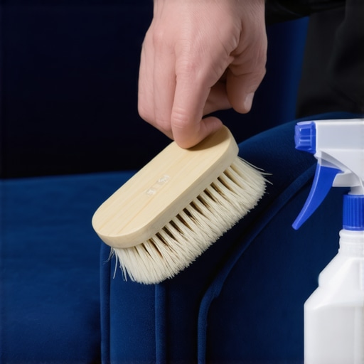 Professional suede grooming and sanitizing technique A person using a suede brush to restore fabric texture after sanitizing a pet-damaged armchair.