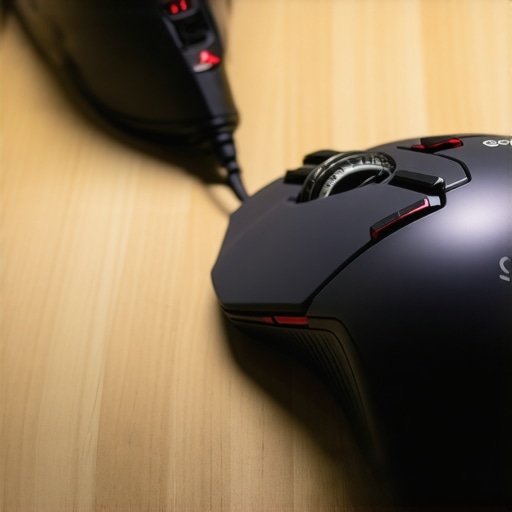 A red rocket air blower dusting a computer mouse on a desk.