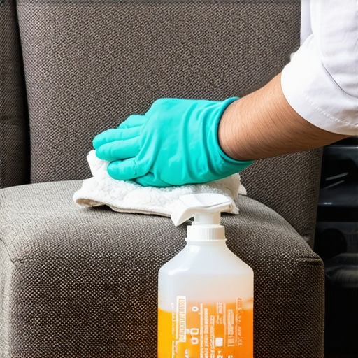 Professional upholstery blotting technique Close up of a hand blotting a fabric chair to remove a stain without scrubbing.