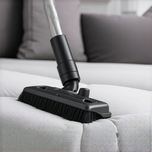 Professional upholstery maintenance and fabric care Vacuuming a sofa cushion with a professional brush attachment to protect delicate fibers