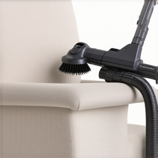 Close up of vacuuming a fabric office chair to remove dry soil before sanitizing.