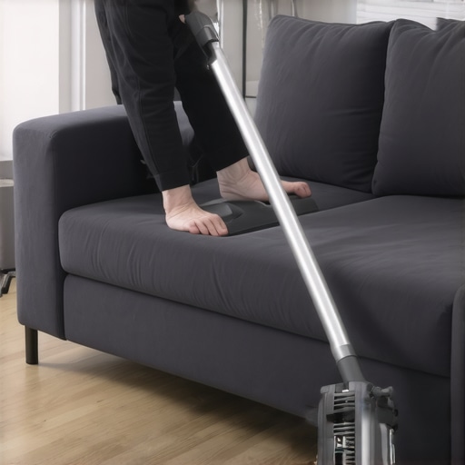 Professional upholstery vacuuming technique for deep cleaning A close-up of a vacuum tool being used on sofa cushions to remove hidden dirt and allergens.