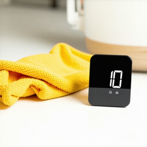 A digital timer next to a cleaned surface showing the required contact time for sanitizers.