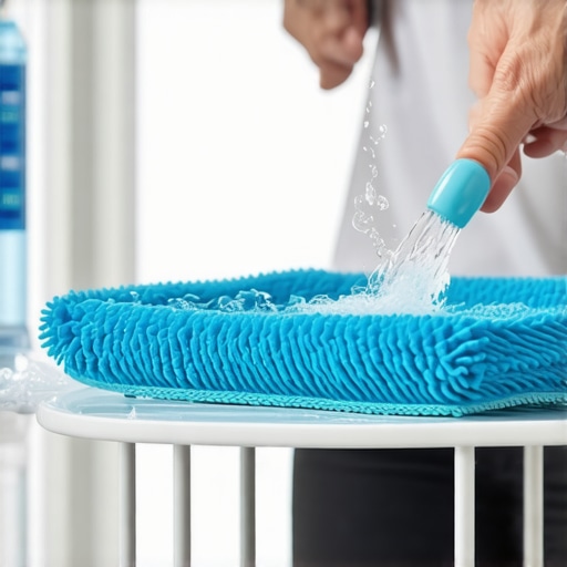Proper Maintenance of Steam Mop Accessories Close up of cleaning and maintaining steam mop pads and using distilled water.