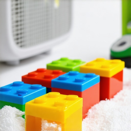 Proper air drying for plastic toys Colorful plastic blocks drying on a towel with a fan to prevent mold.