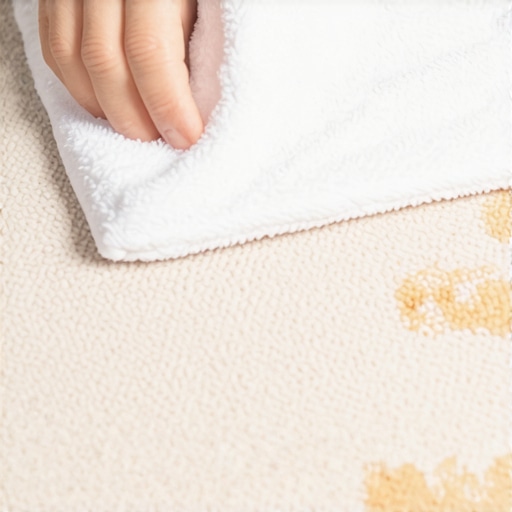 A person using a white towel to blot a liquid spill on a carpet using the press and hold method.