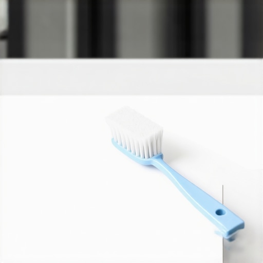 Proper tools for dishwasher filter maintenance A clean dishwasher filter being scrubbed with a soft brush to remove biofilm