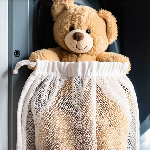 A stuffed bear inside a mesh laundry bag to protect it during the wash.