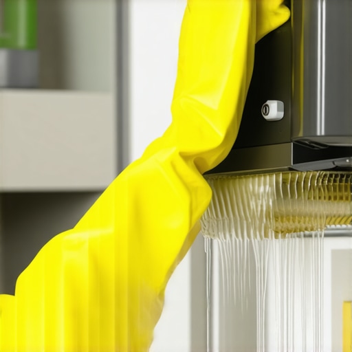 Removing a dirty refrigerator drip pan for cleaning A hand in a yellow glove slides out a slimy drip tray from the base of a fridge